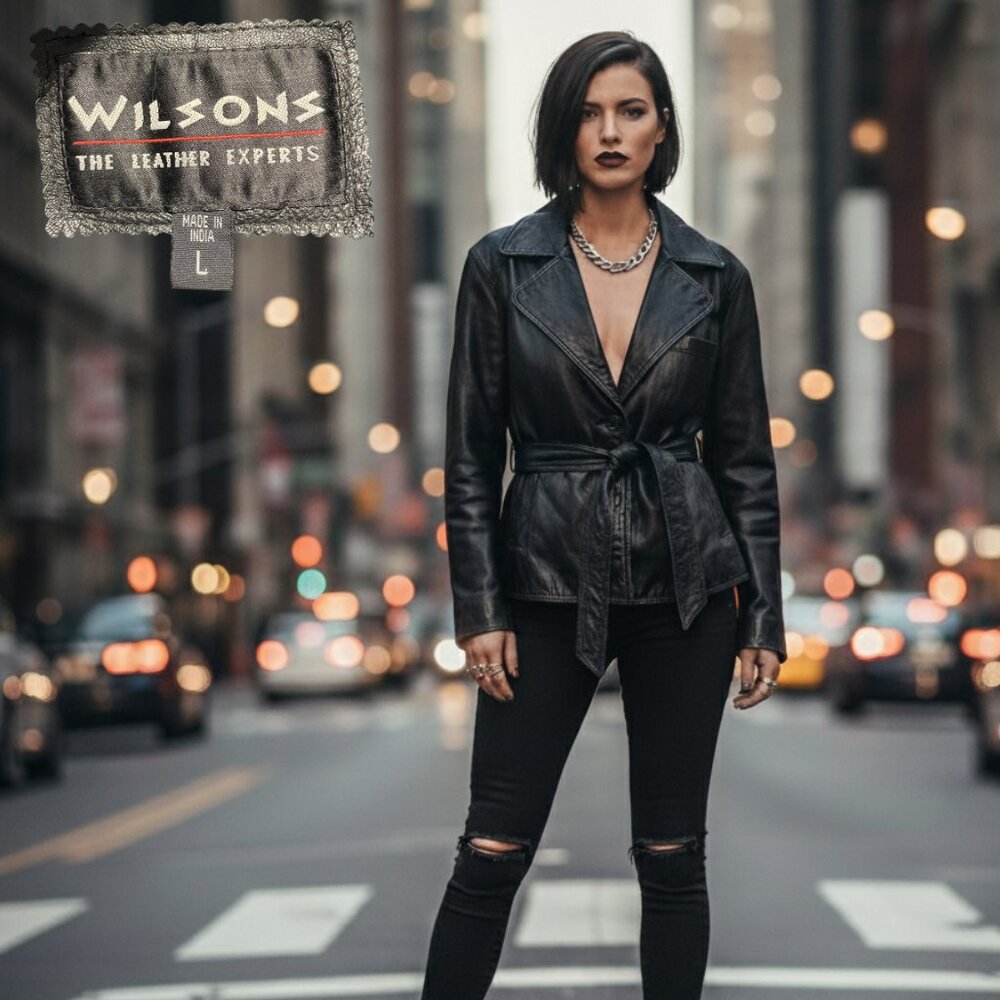 WILSONS Vintage Black Leather Peplum Jacket Belted Cinch Back L RN69426 80s 90s